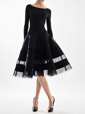 DONNA KARAN $1595 Runway *Queen Rania* Black Scuba Lace Trim A-Line Skirt 8-10